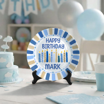 Striped Party Border with Birthday Candles Personalized Birthday Plate D321TUA0