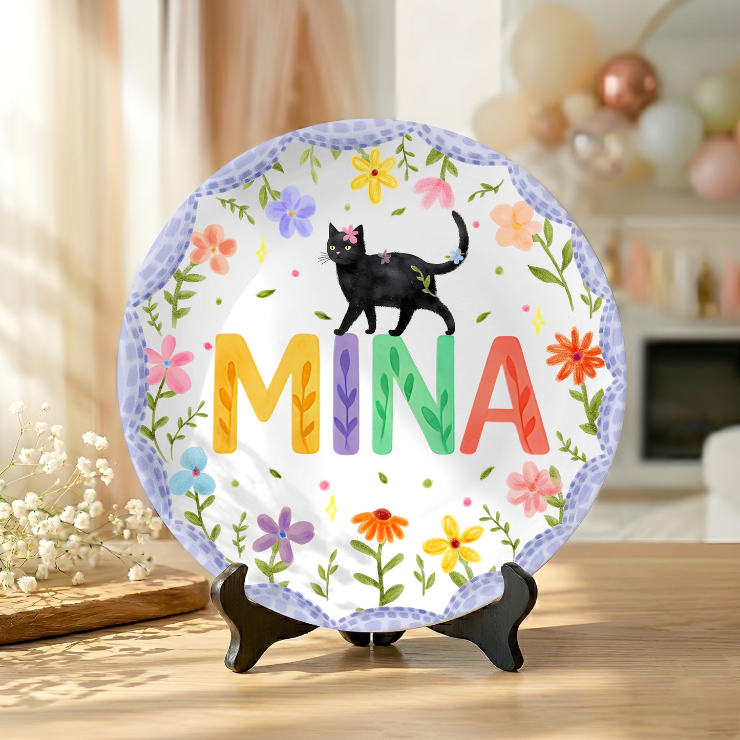 Lavender Scallop Border with Black Cat and Colorful Floral Name Personalized Birthday Plate P54NP00