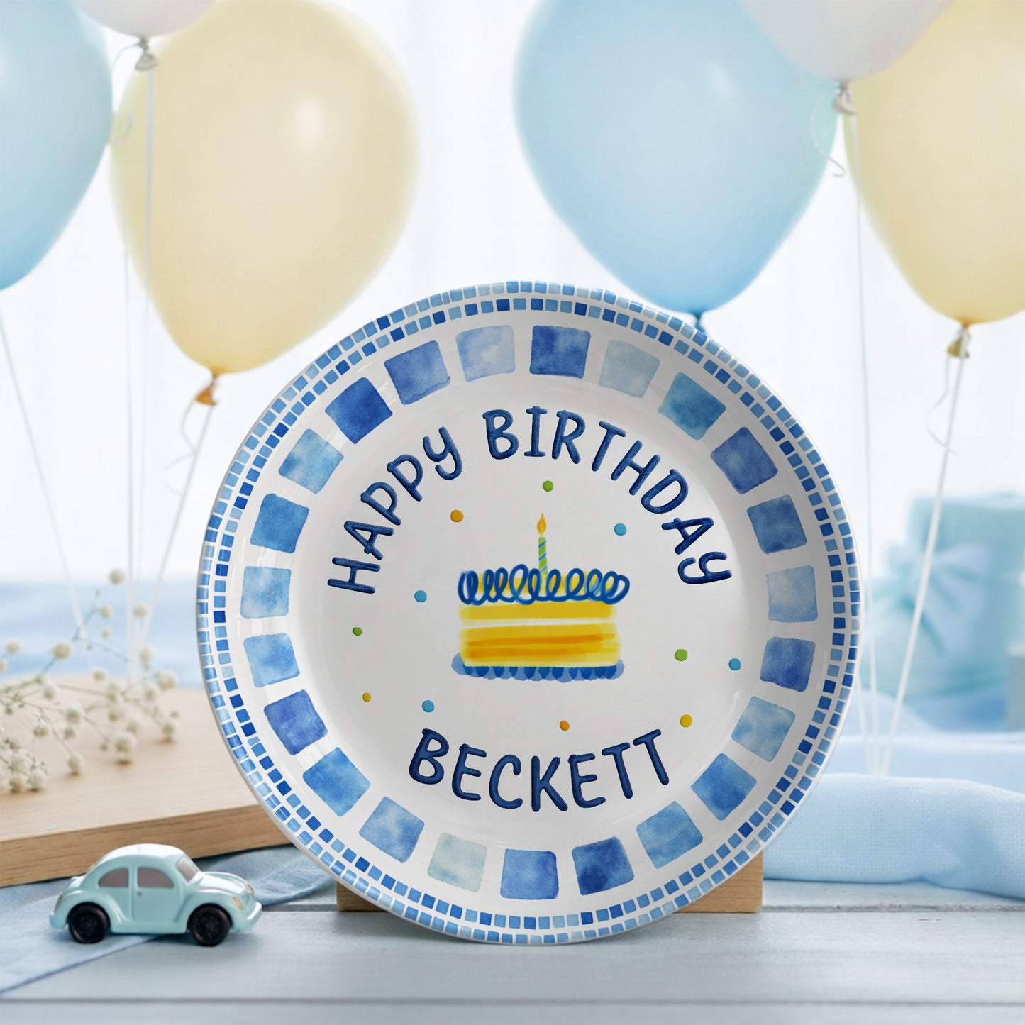 Blue Tile Border Cake Personalized Birthday Plate P228QZD0