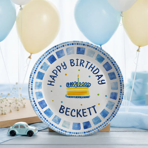Blue Tile Border Cake Personalized Birthday Plate P228QZD0