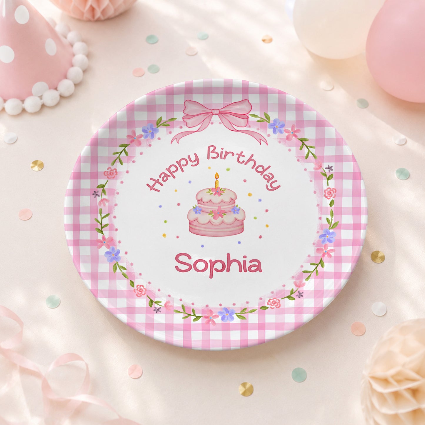 Pink Gingham Floral Personalized Birthday Plate P61O7V0