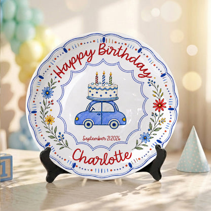 Blue Car Floral Personalized Birthday Plate for Kids Keepsake Gift P8124VP0