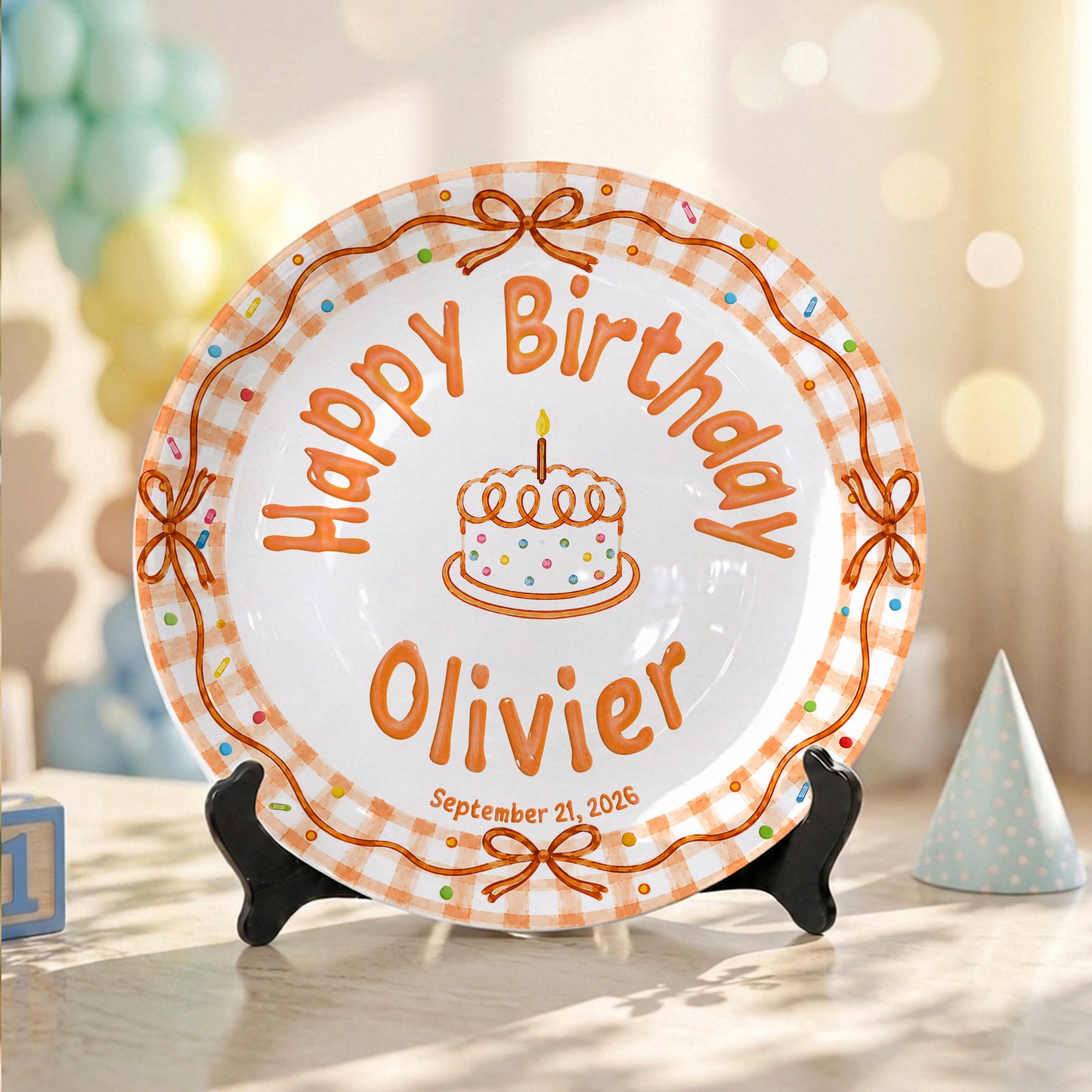 Orange Gingham Bow Personalized Birthday Plate for Kids, Custom Name and Date Ceramic Keepsake P85RP60