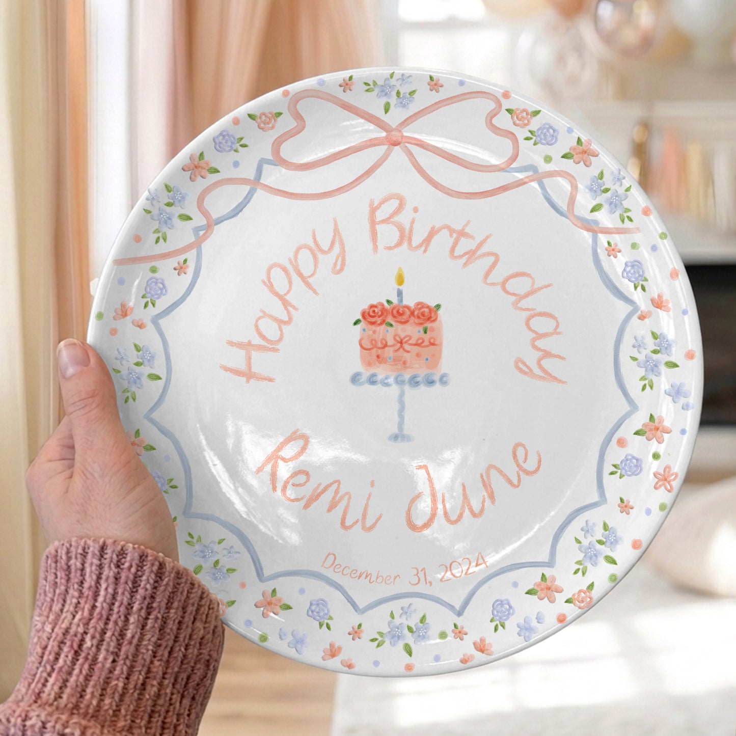 Pastel Floral Bow Cake Personalized Birthday Plate P46E040