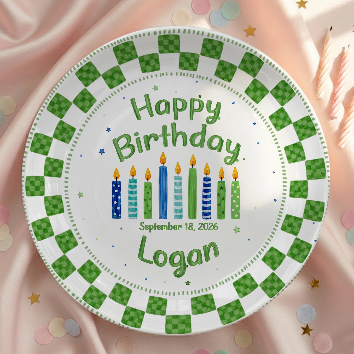 Green Checker Birthday Candles Keepsake Personalized Birthday Plate D78C8H0