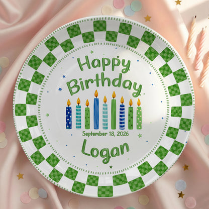 Green Checker Birthday Candles Keepsake Personalized Birthday Plate D78C8H0