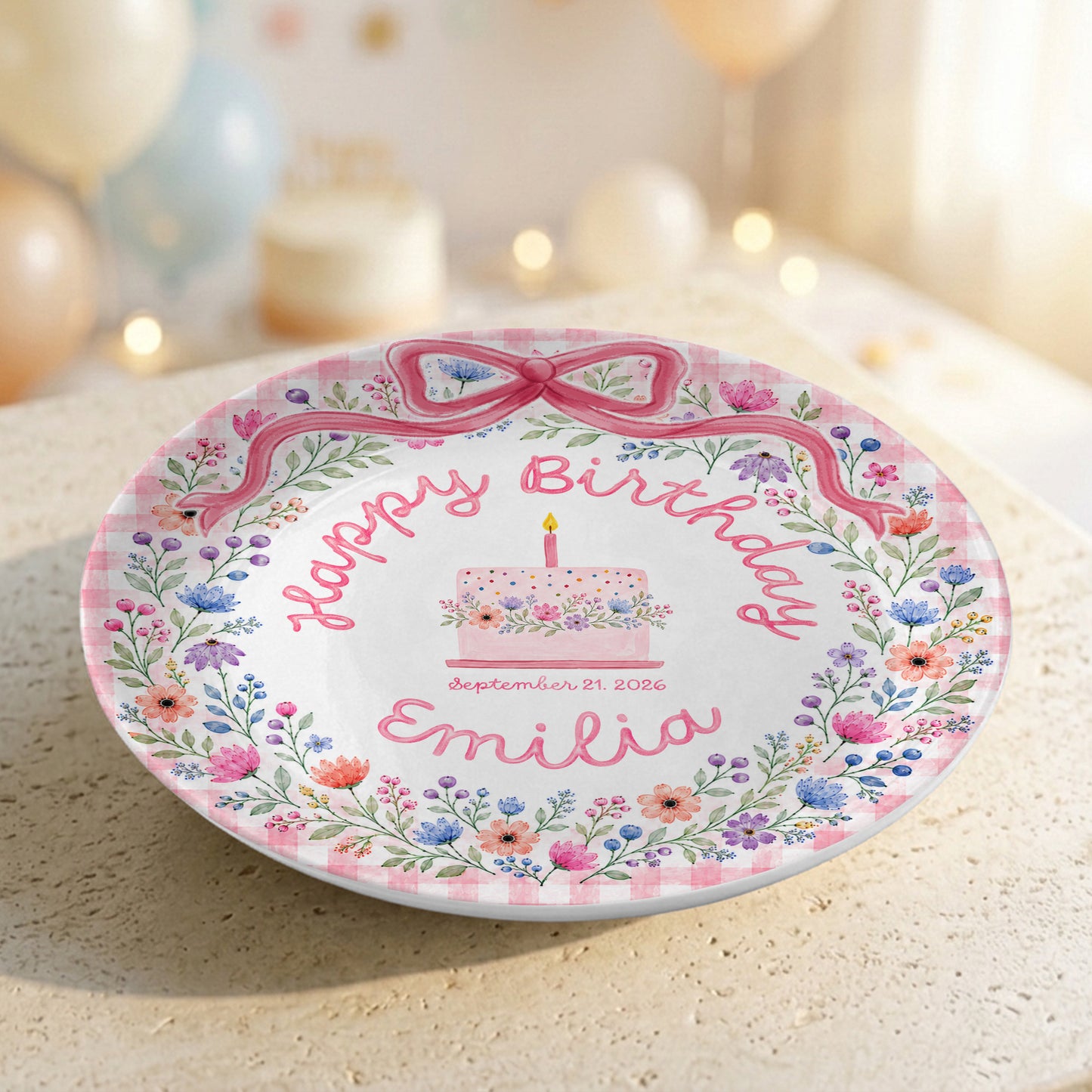Whimsical Garden Floral Ribbon Keepsake Personalized Birthday Plate for Girls P87NWF0