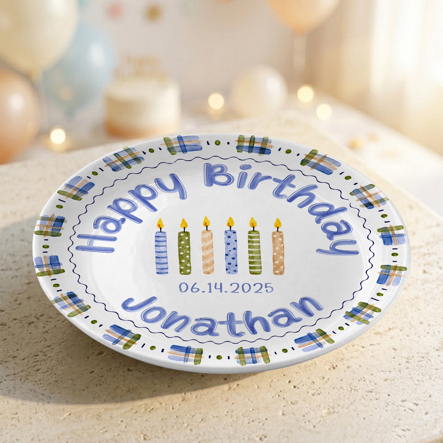 Blue Plaid Boys Custom Name First Birthday Personalized Birthday Plate P8245JH0
