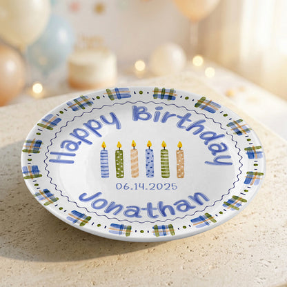 Blue Plaid Boys Custom Name First Birthday Personalized Birthday Plate P8245JH0