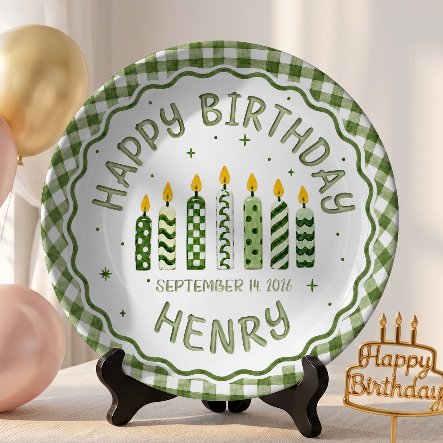 Green Gingham Birthday Candles Keepsake Personalized Birthday Plate for Kids P72333Z0