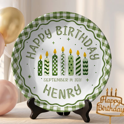 Green Gingham Birthday Candles Keepsake Personalized Birthday Plate for Kids P72333Z0