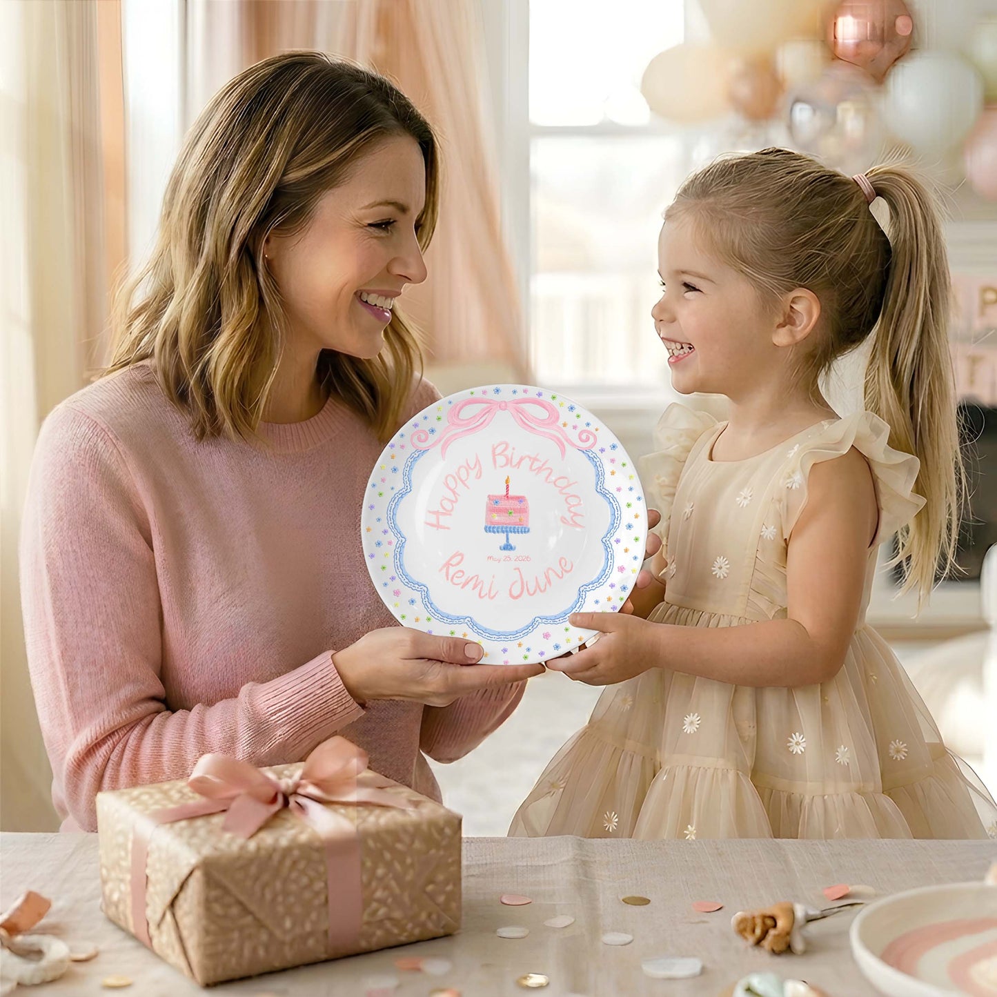 Pink Bow with Tiny Flower Border Personalized Birthday Plate P41A4U0