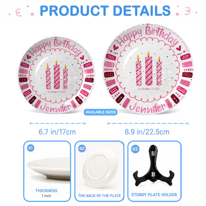 Pink Candle Border with Three Birthday Candles Personalized Birthday Plate P626WXMTT