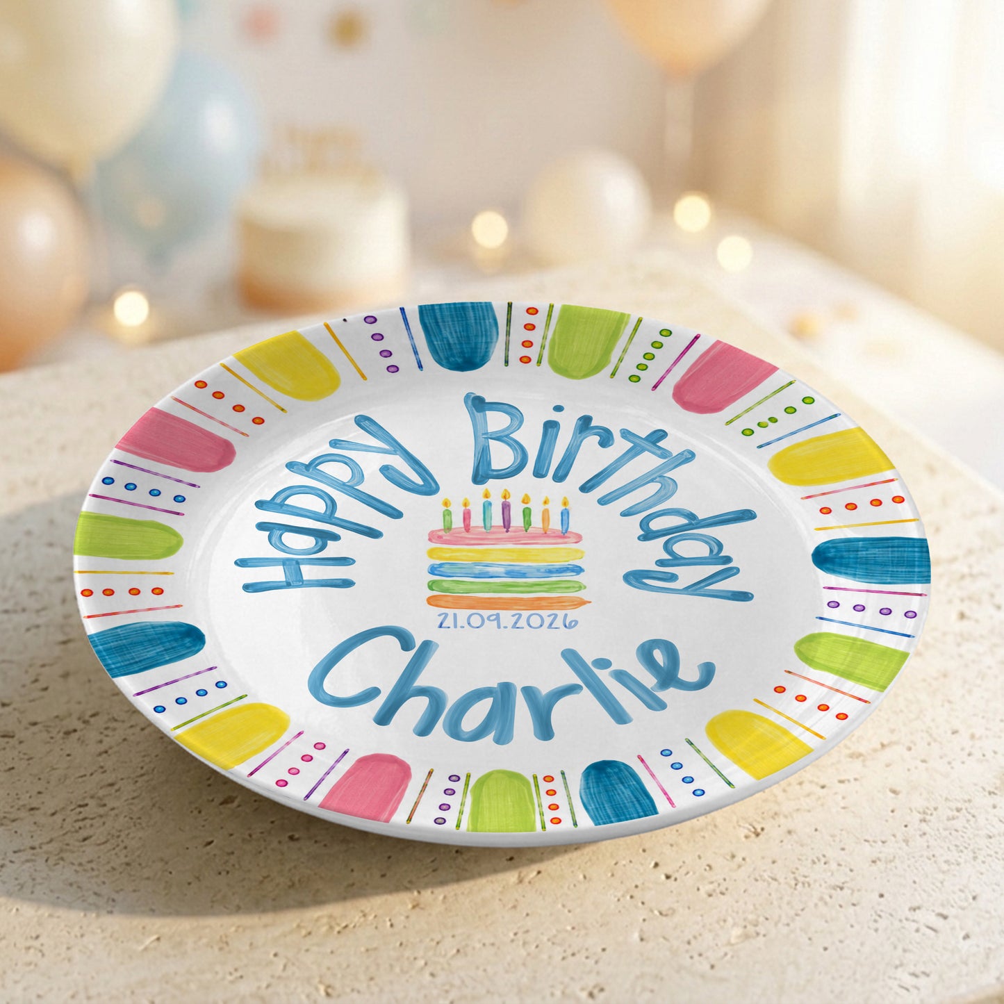 Colorful Cake Custom Name Kids Party Keepsake Personalized Birthday Plate P821TBL0