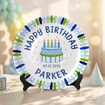 Blue Stripe Birthday Cake Personalized Birthday Plate P728HNA0