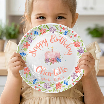 Colorful Floral Cake Personalized Birthday Plate for Girls P417GEG0