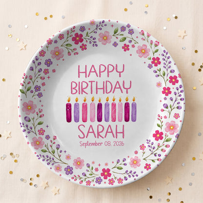 Floral Birthday Candles Personalized Birthday Plate for Girls D625JGX0