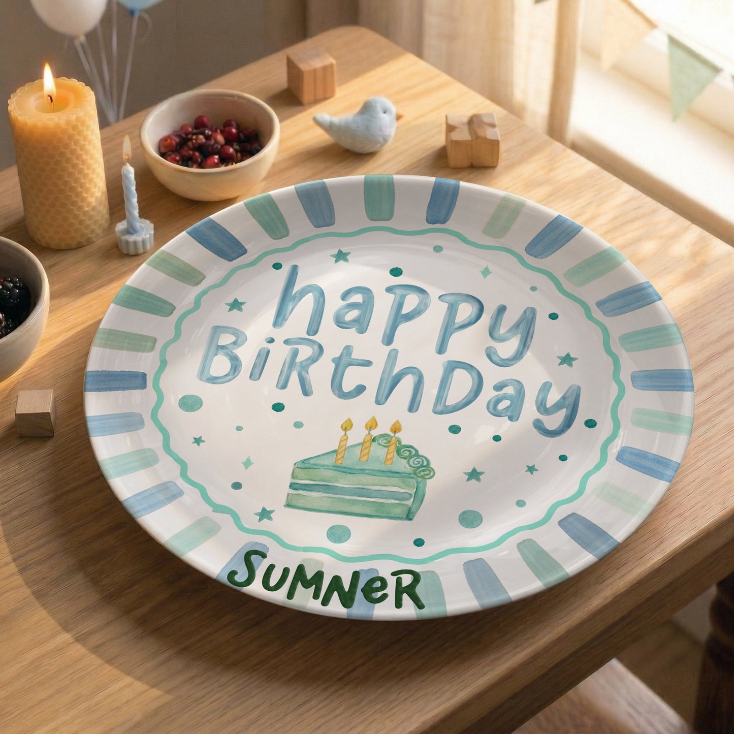 Blue and Mint Striped Border with Teal Cake Slice Personalized Birthday Plate D43D5V0