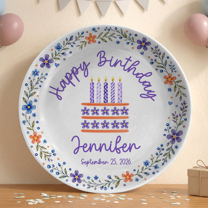 Purple Floral Personalized Birthday Plate for Girls, Custom Birthday Keepsake Gift P723G7E0