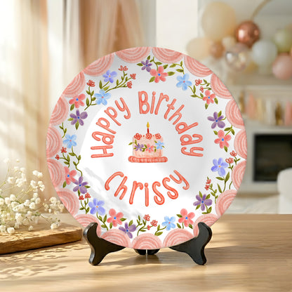 Pink Scallop Border with Colorful Floral Wreath Personalized Birthday Plate P42VPA0