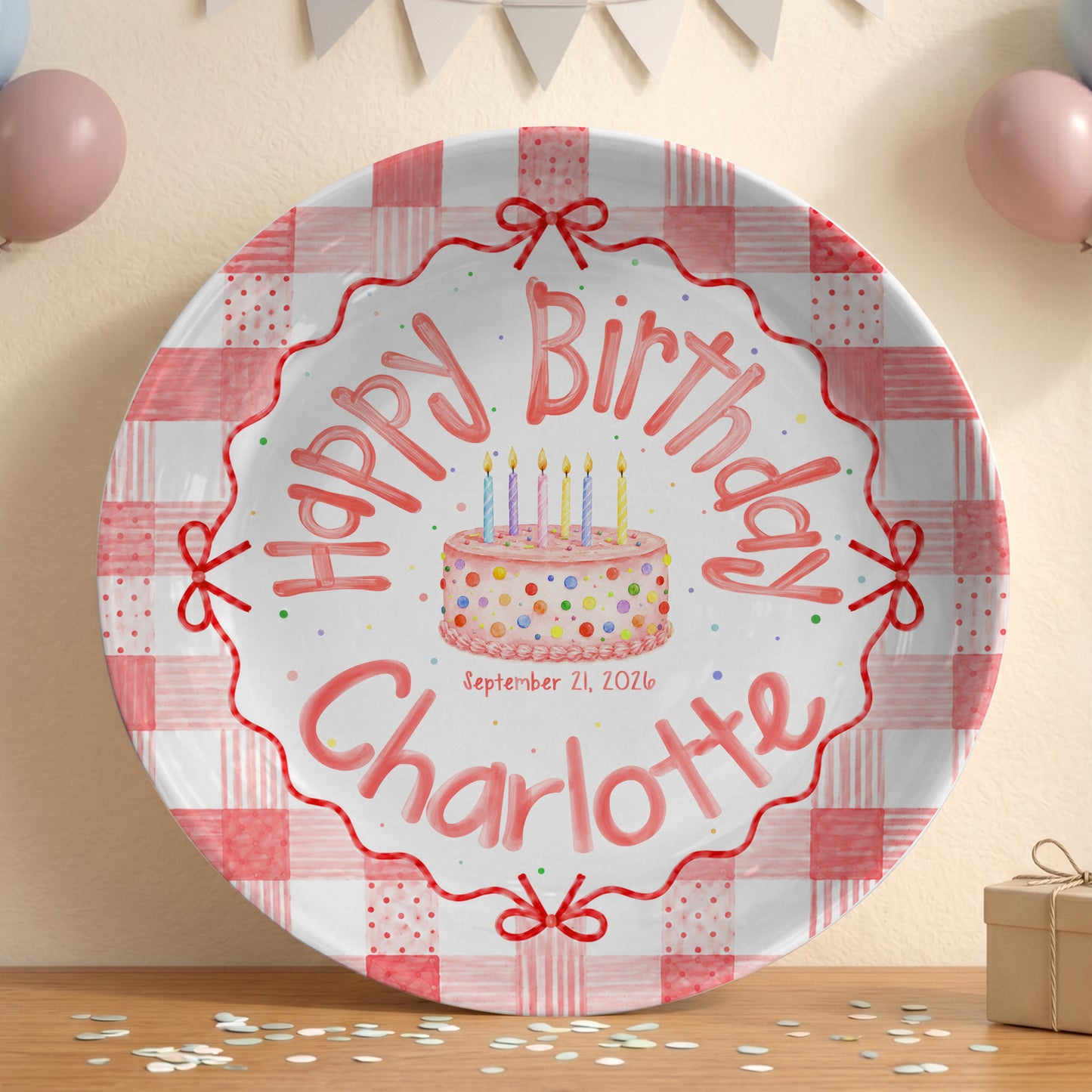 Pink Gingham Bow Birthday Keepsake Personalized Birthday Plate for Girls P627UVB0