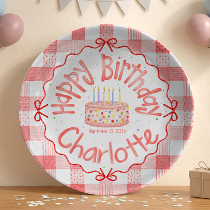 Pink Gingham Bow Birthday Keepsake Personalized Birthday Plate for Girls P627UVB0