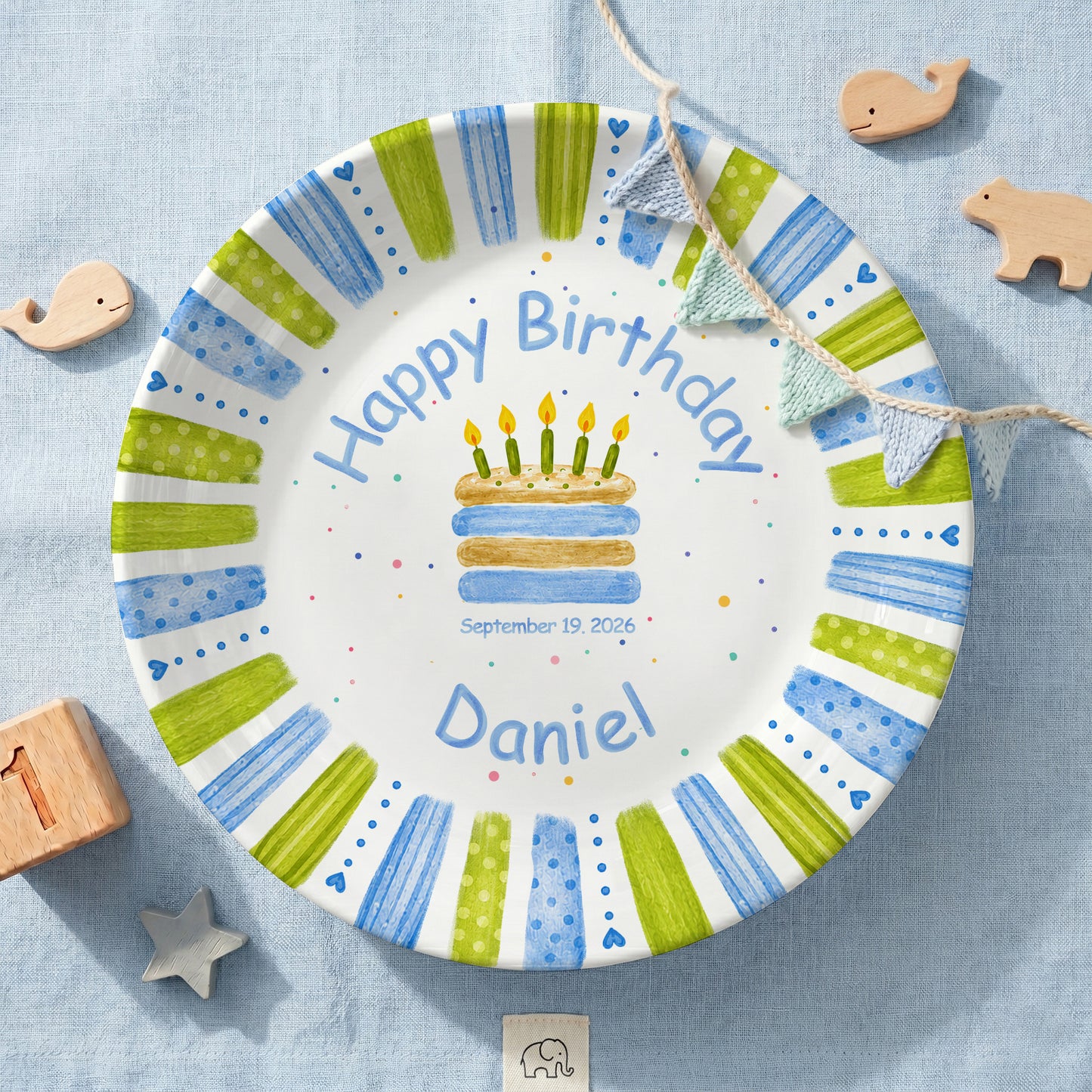 Blue Green Stripe Cake Personalized Birthday Plate P66M130