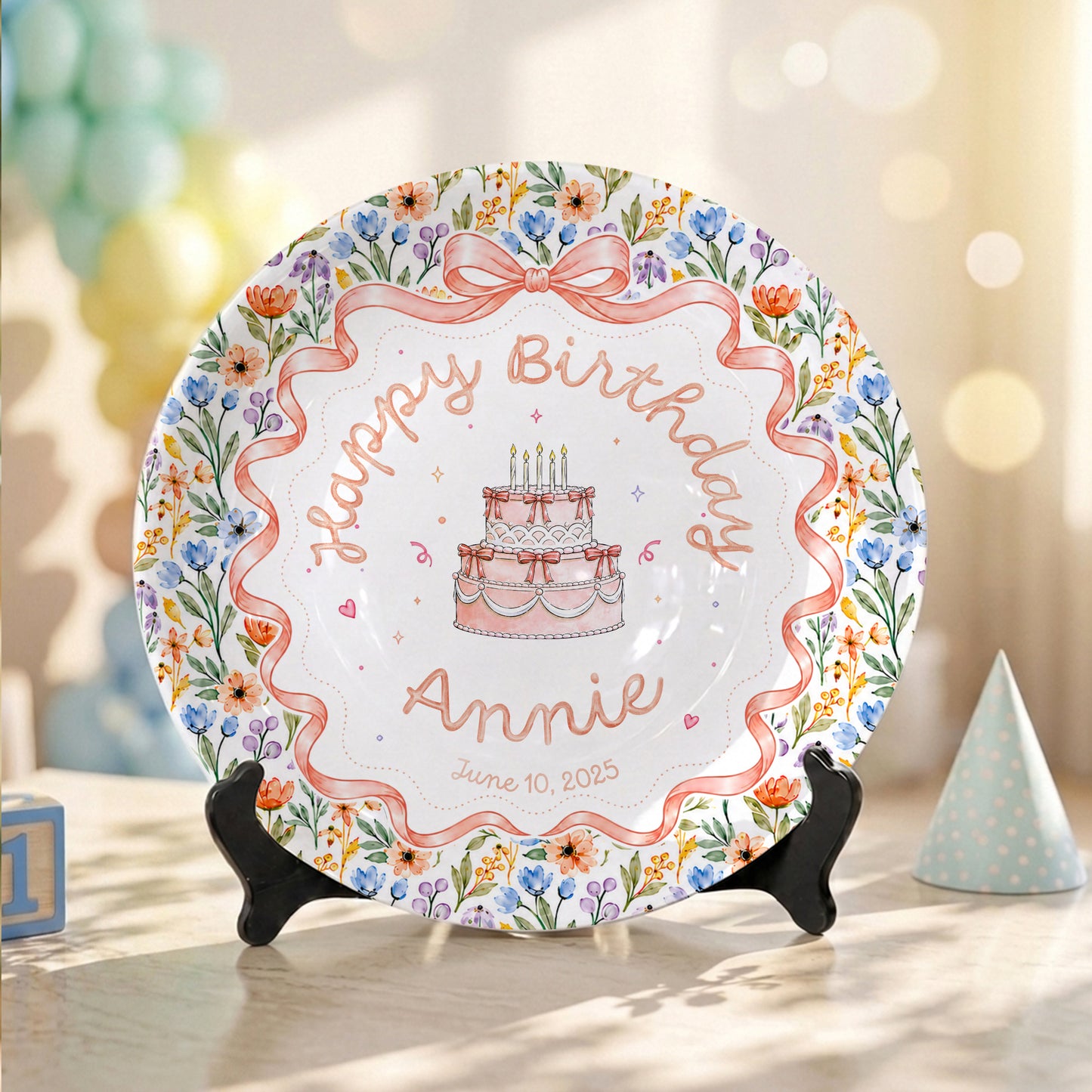 Floral Bow Birthday Cake Personalized Birthday Plate for Kids Keepsake P86TSJ0