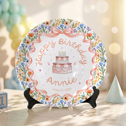 Floral Bow Birthday Cake Personalized Birthday Plate for Kids Keepsake P86TSJ0
