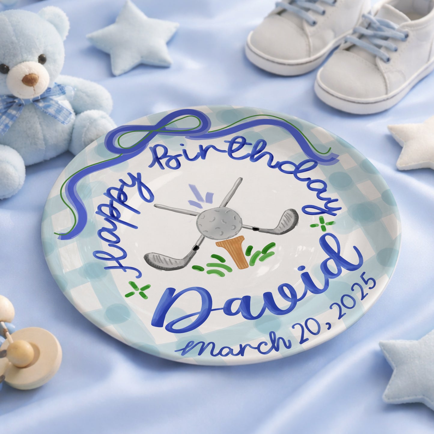 Blue Golf Bow Personalized Birthday Plate for Boys P511RLD0