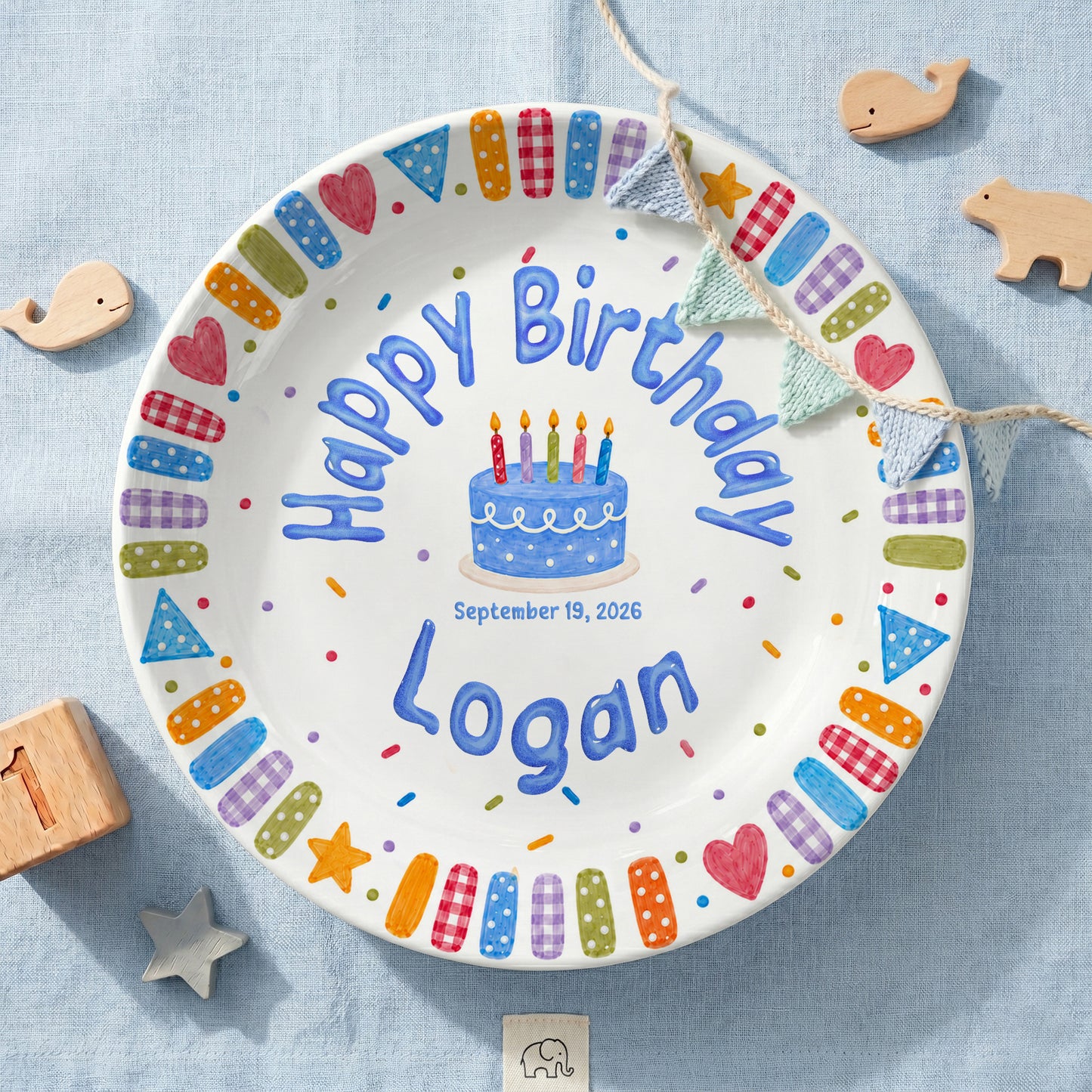 Blue Cake and Colorful Confetti Personalized Birthday Plate P6174GK0