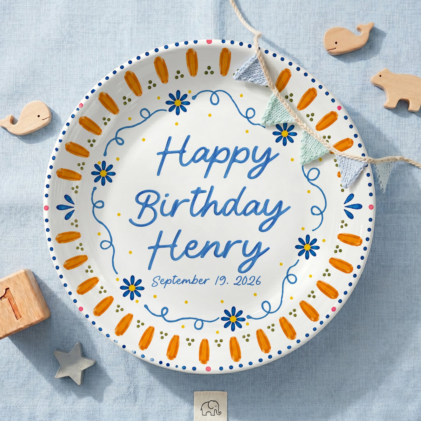 Orange Sunburst Border with Blue Flowers Personalized Birthday Plate P626HW0