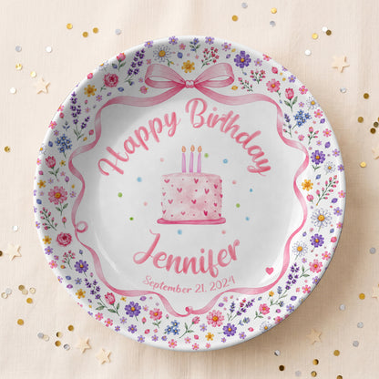 Pink Bow Floral Cake Personalized Birthday Plate P624WCW0