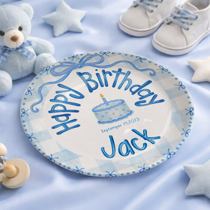 Soft Blue Gingham Personalized Birthday Plate P410VFL0