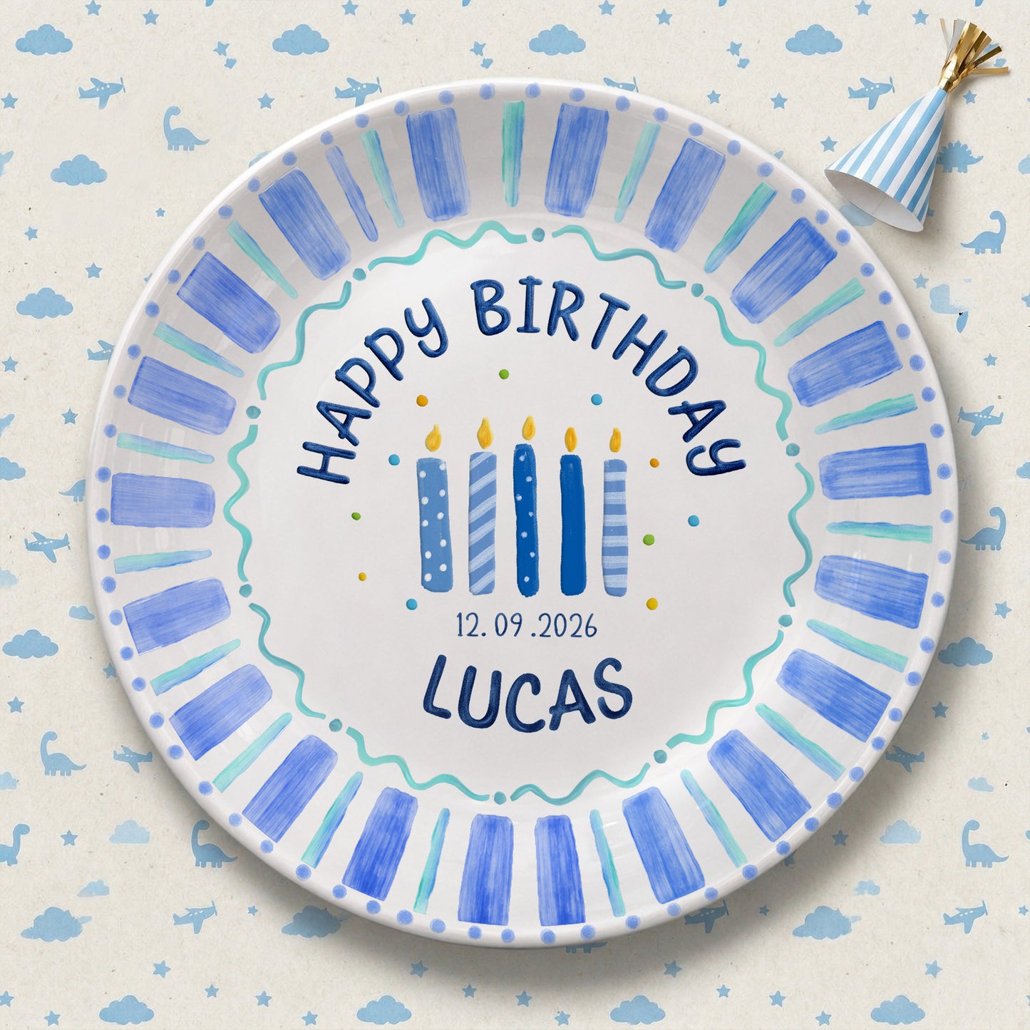 Blue Striped Candles Personalized Birthday Plate P46KBS0