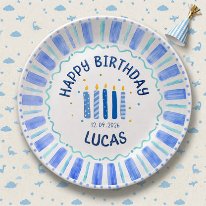 Blue Striped Candles Personalized Birthday Plate P46KBS0