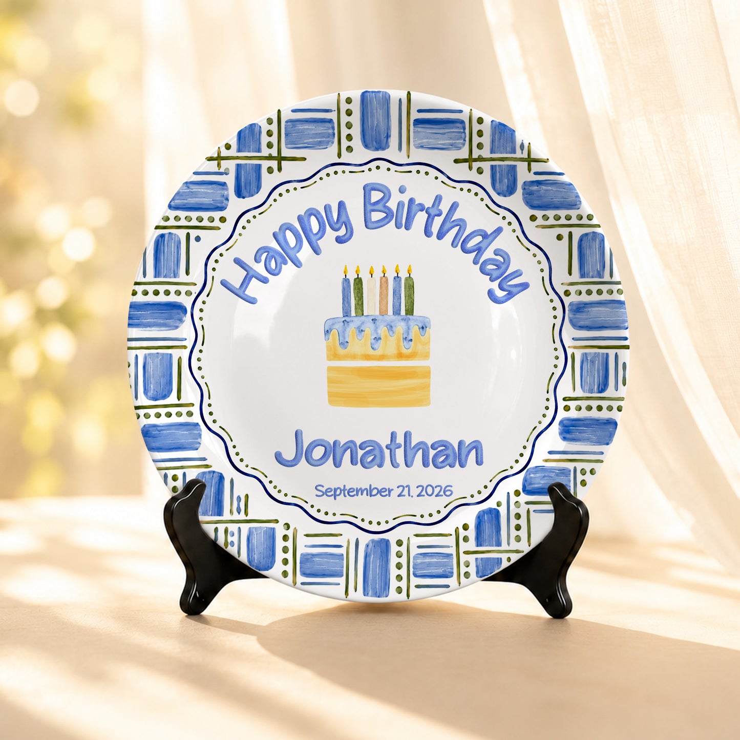 Blue Plaid Personalized Birthday Plate for Boys, Custom Birthday Keepsake Gift P730VM90