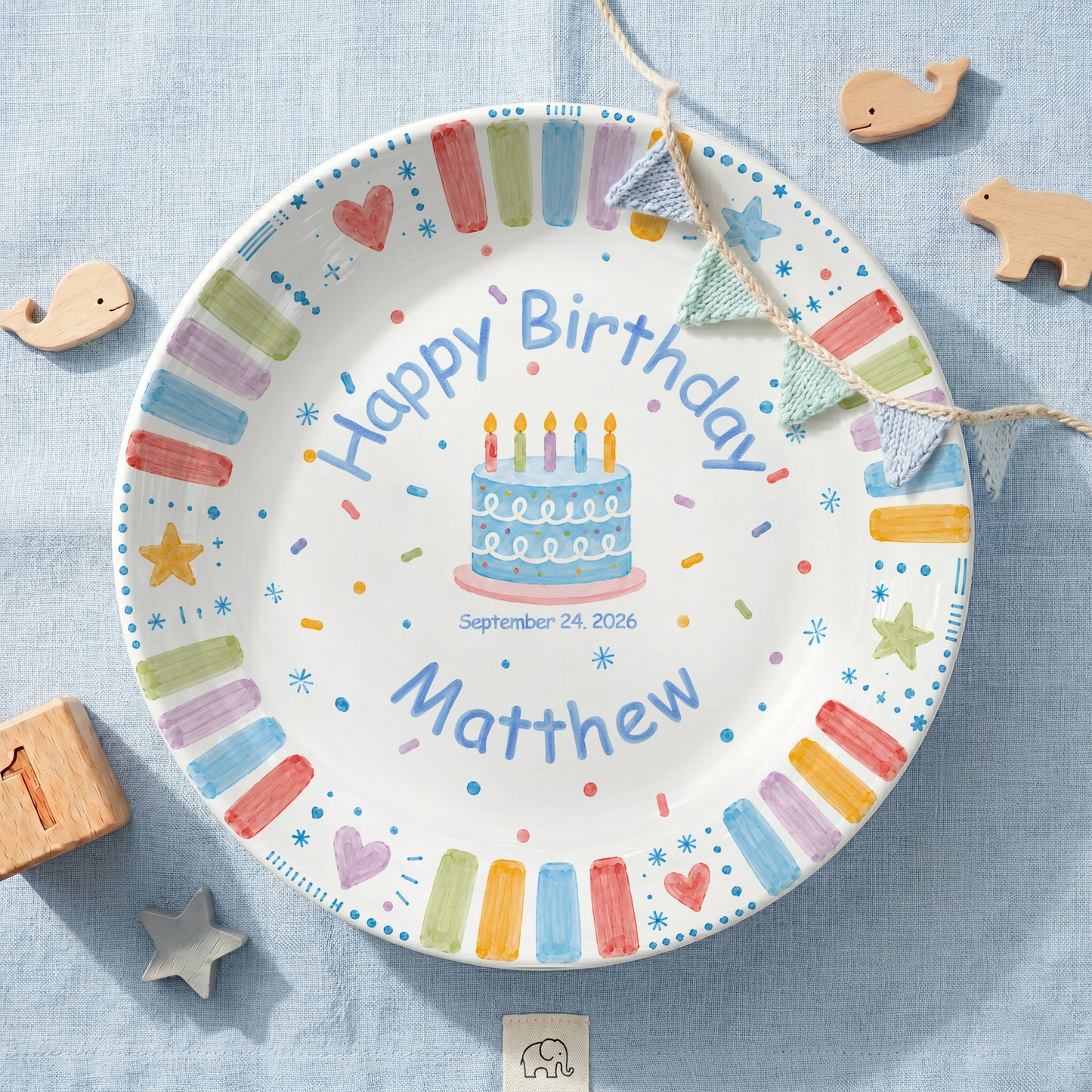 Blue Cake and Colorful Border Cake Personalized Birthday Plate P611K5R0