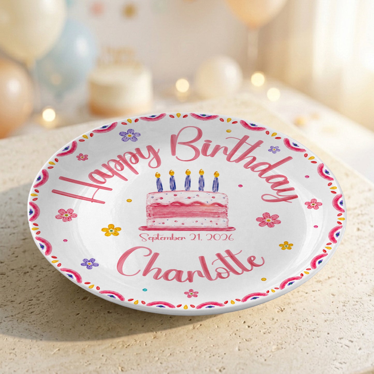 Floral Cake Custom Name Kids Keepsake Gift Personalized Birthday Plate P814OTD0