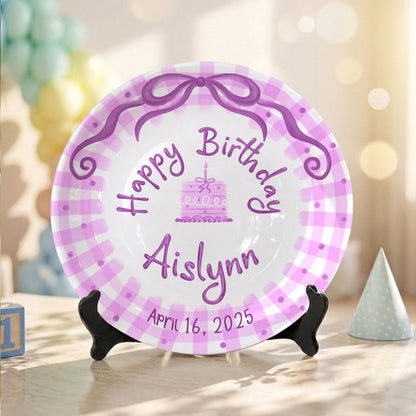 Pink Gingham Bow Personalized Birthday Plate for Kids, Custom Name and Date Ceramic Keepsake P85LHL0