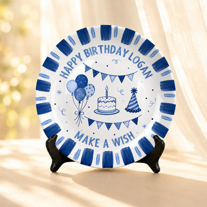 Blue Checkered Birthday Candles Personalized Birthday Plate D779CS0