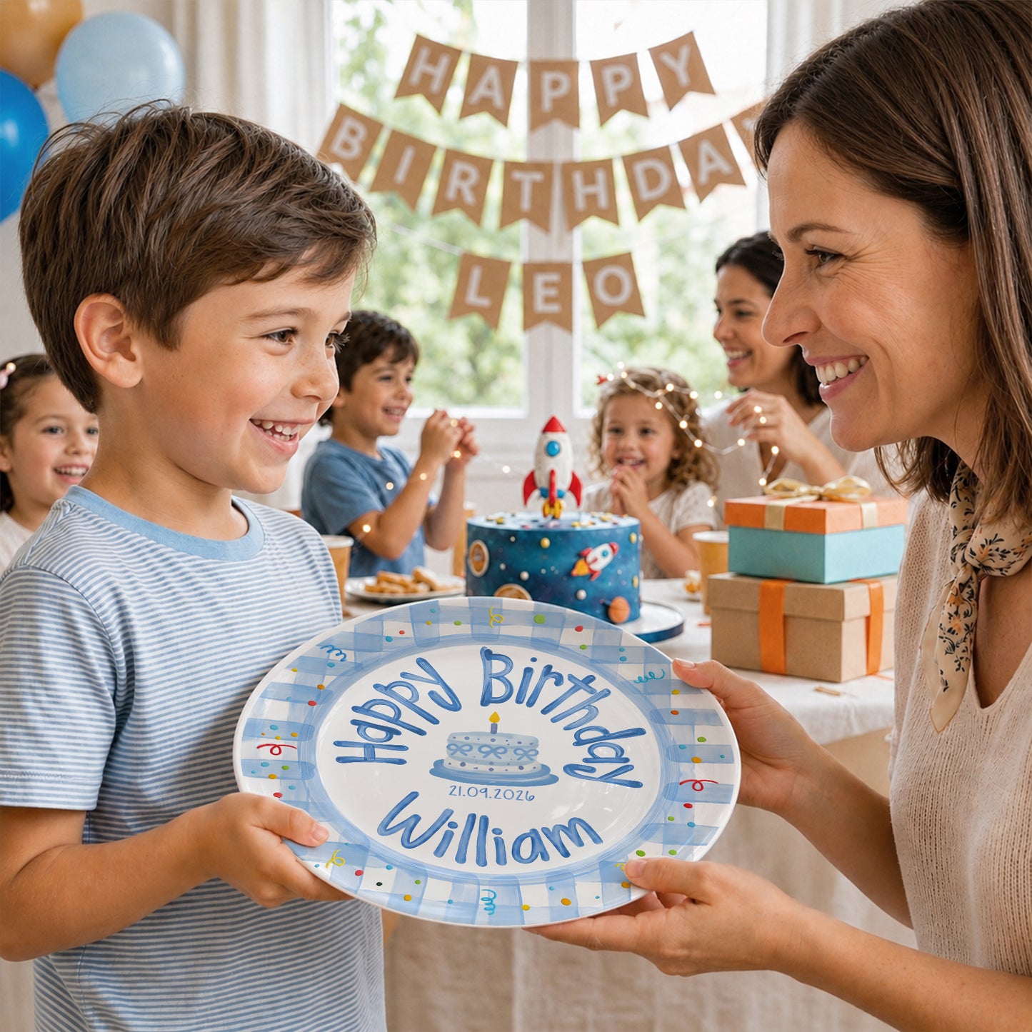 Blue Gingham Personalized Birthday Plate P64YCX0