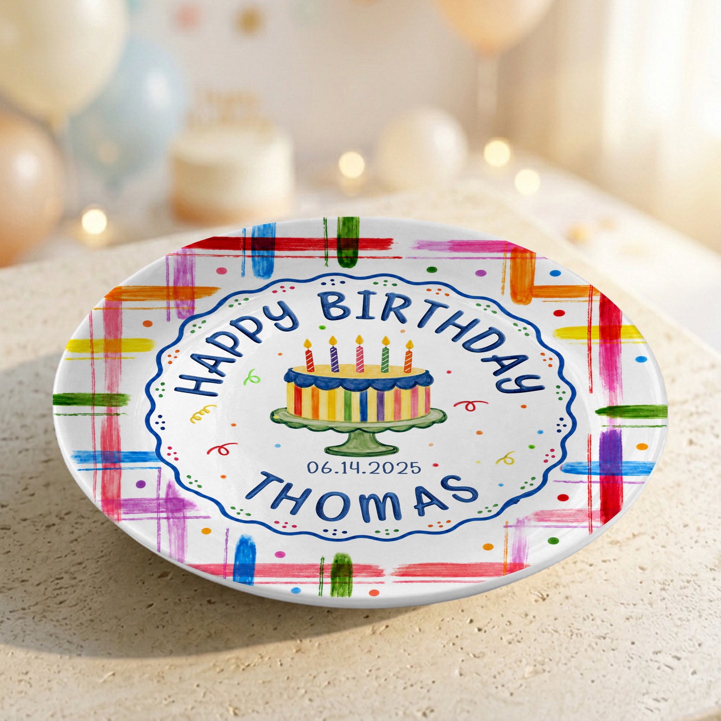 Colorful Cake Name Date Kids First Birthday Personalized Birthday Plate P815DJ50