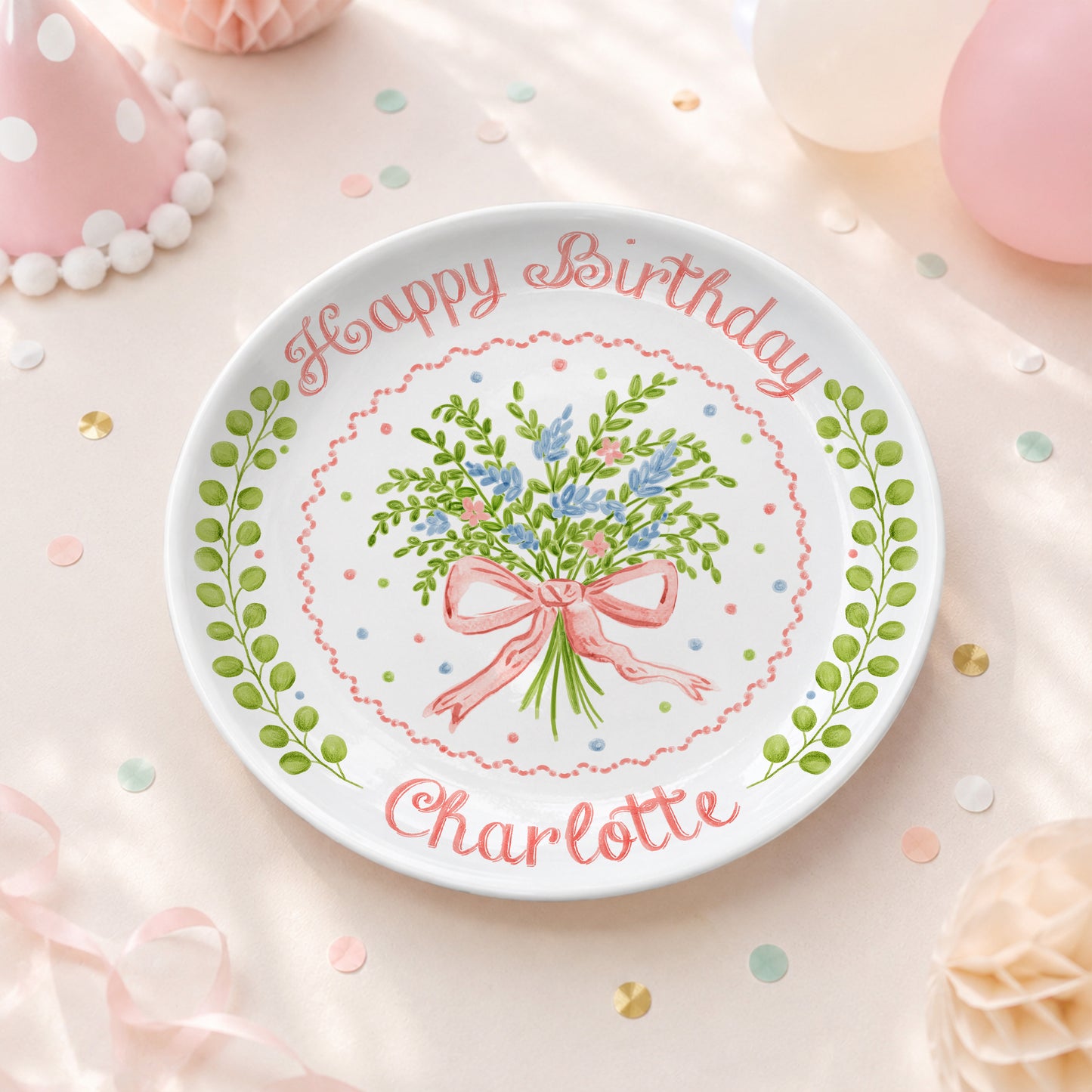 Soft Floral Bouquet Personalized Birthday Plate for Girls P61TIZ0