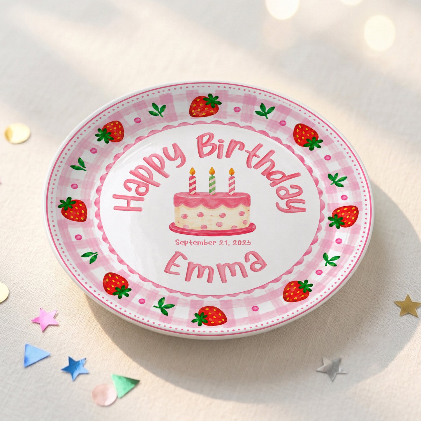 Strawberry Cake Personalized Birthday Plate for Girls, First Birthday Keepsake Gift P730H150