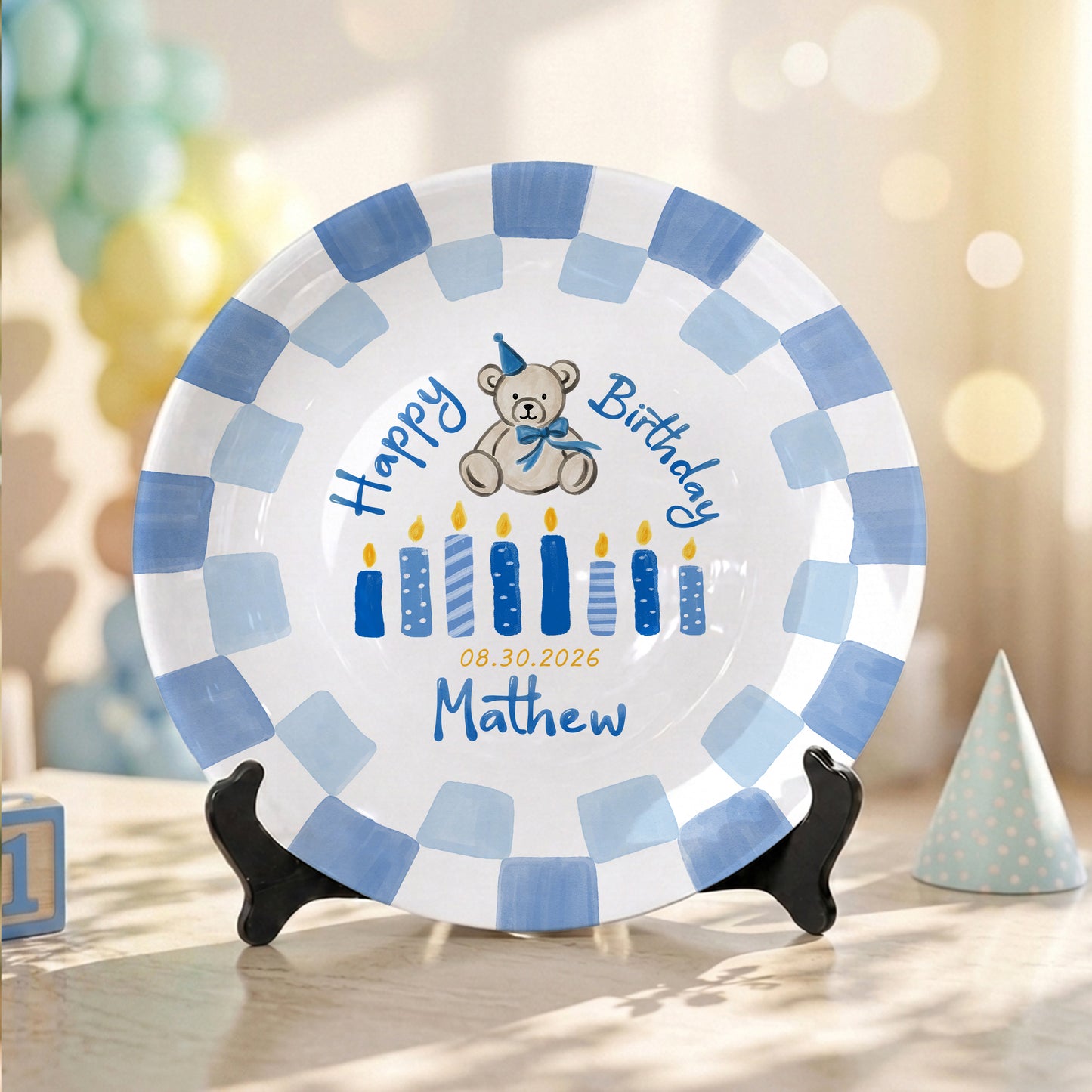 Blue Teddy Bear Birthday Cake Keepsake Personalized Birthday Plate For Kids Gift P713IUP0