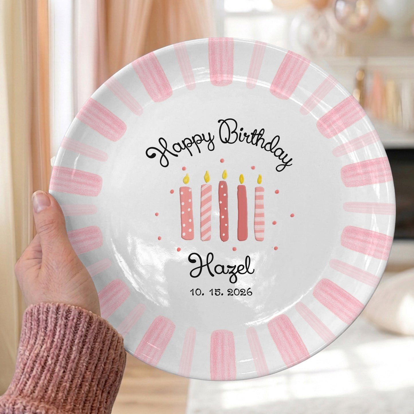 Pink Stripe Personalized Birthday Plate P46DI00