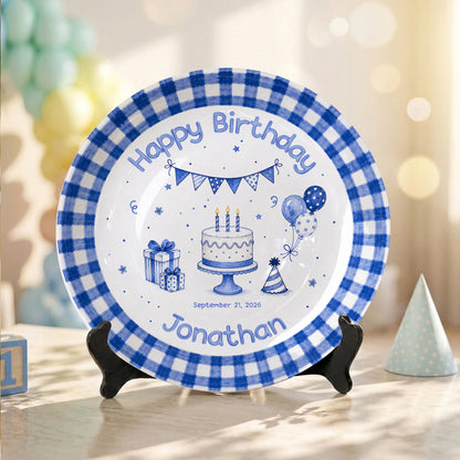 Blue Checkered Personalized Birthday Plate for Kids, Custom Name and Date Ceramic Keepsake P85XBL0