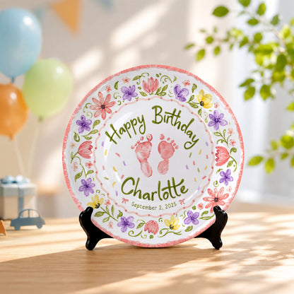 Floral Baby Footprint Personalized Birthday Plate for Girl, First Birthday Keepsake P727CV20