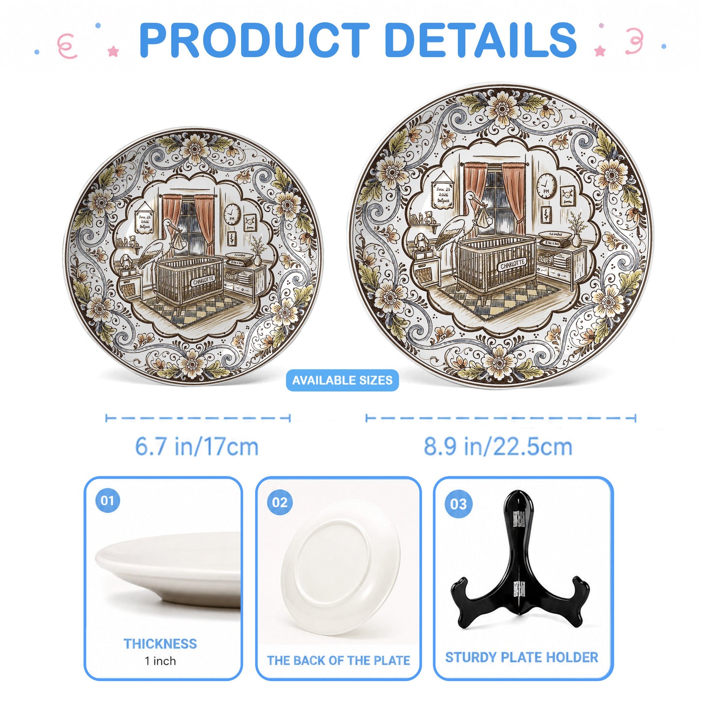 Vintage Floral Newborn Birth Stats Custom Name Ceramic Personalized Birthday Plate P820YFH0